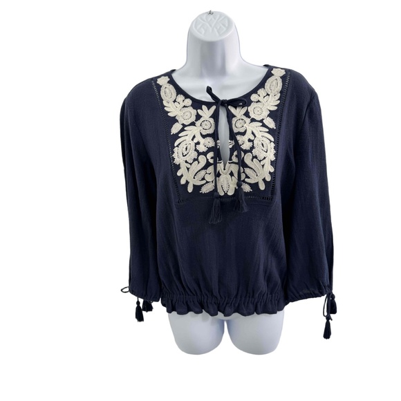Lucky Brand Navy Blue Embroidered Tie Neck Tassel Bohemian Blouse‎ Womens Medium - Picture 6 of 8
